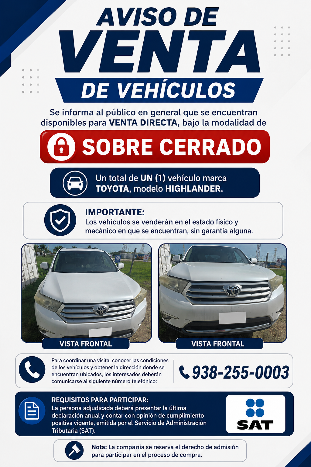 Aviso de venta de toyota