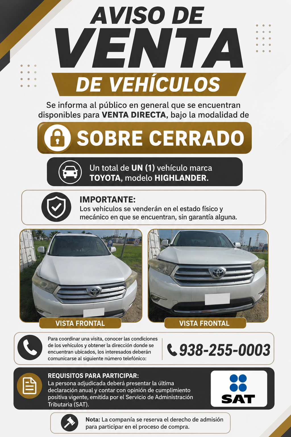 Aviso de venta de toyota 2 3 5